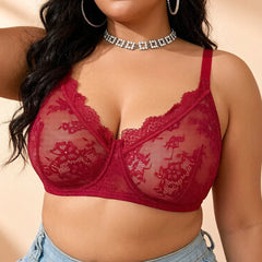 Women Plus Size Red Lace Sheer Bra