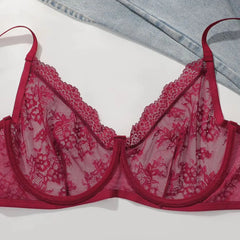 Women Plus Size Red Lace Sheer Bra