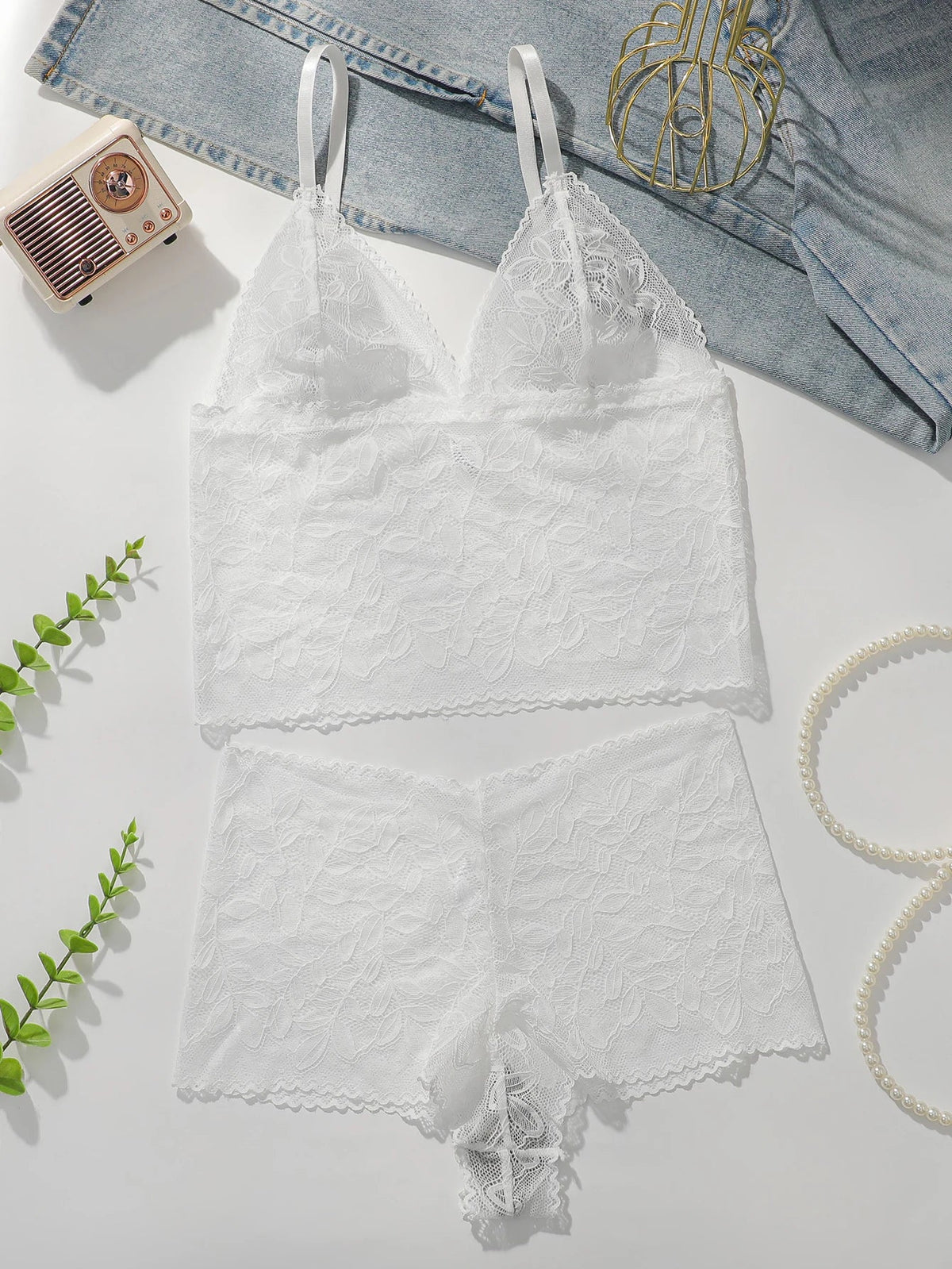 Women White Leaf Lace lingerie