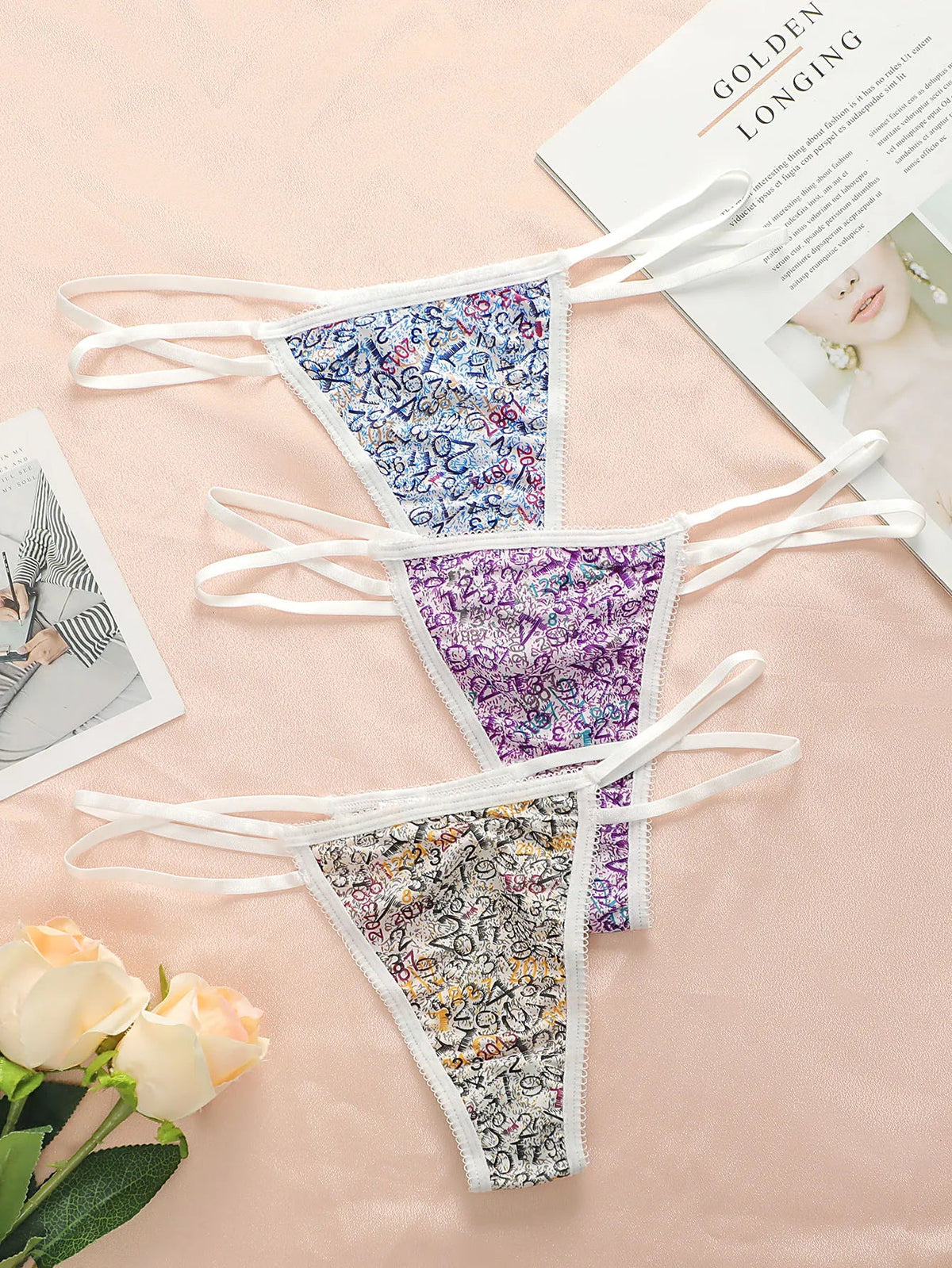 Women's 3-piece set of multi-color digital pattern Thong