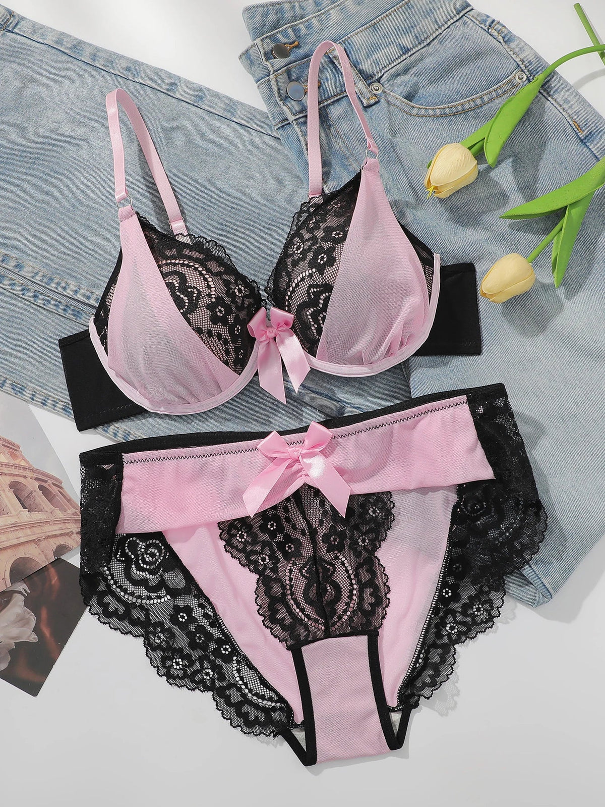 Women's Pink Lace Color blocked Underwear