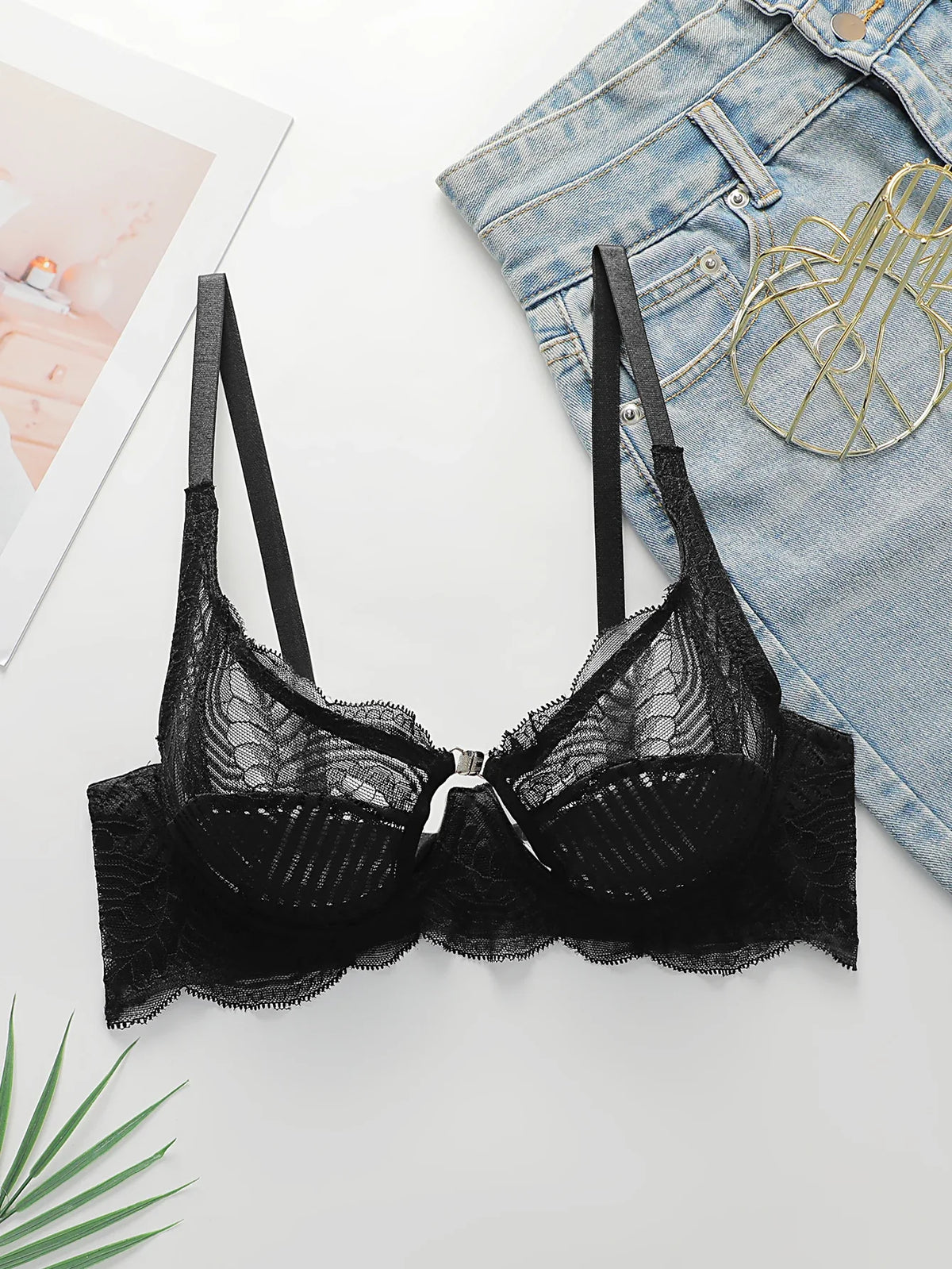 Women's front button ultra-thin lace sexy Bra