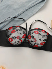 Women's hanging neck red lips heart-shaped lace plus size deep V sexy Bra