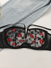 Women's hanging neck red lips heart-shaped lace plus size deep V sexy Bra