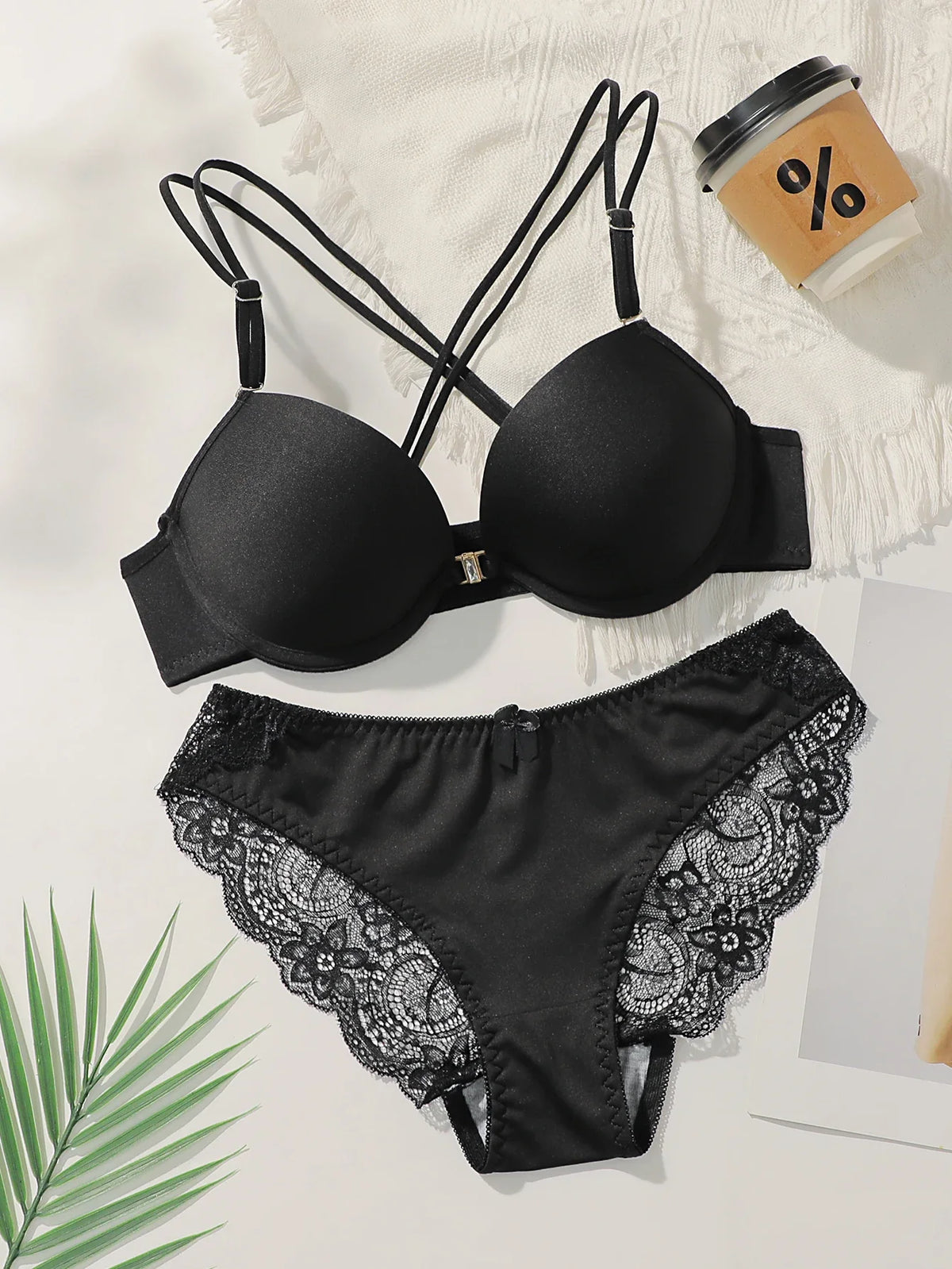 Women's sexy lace front buckle back cross strap lingerie