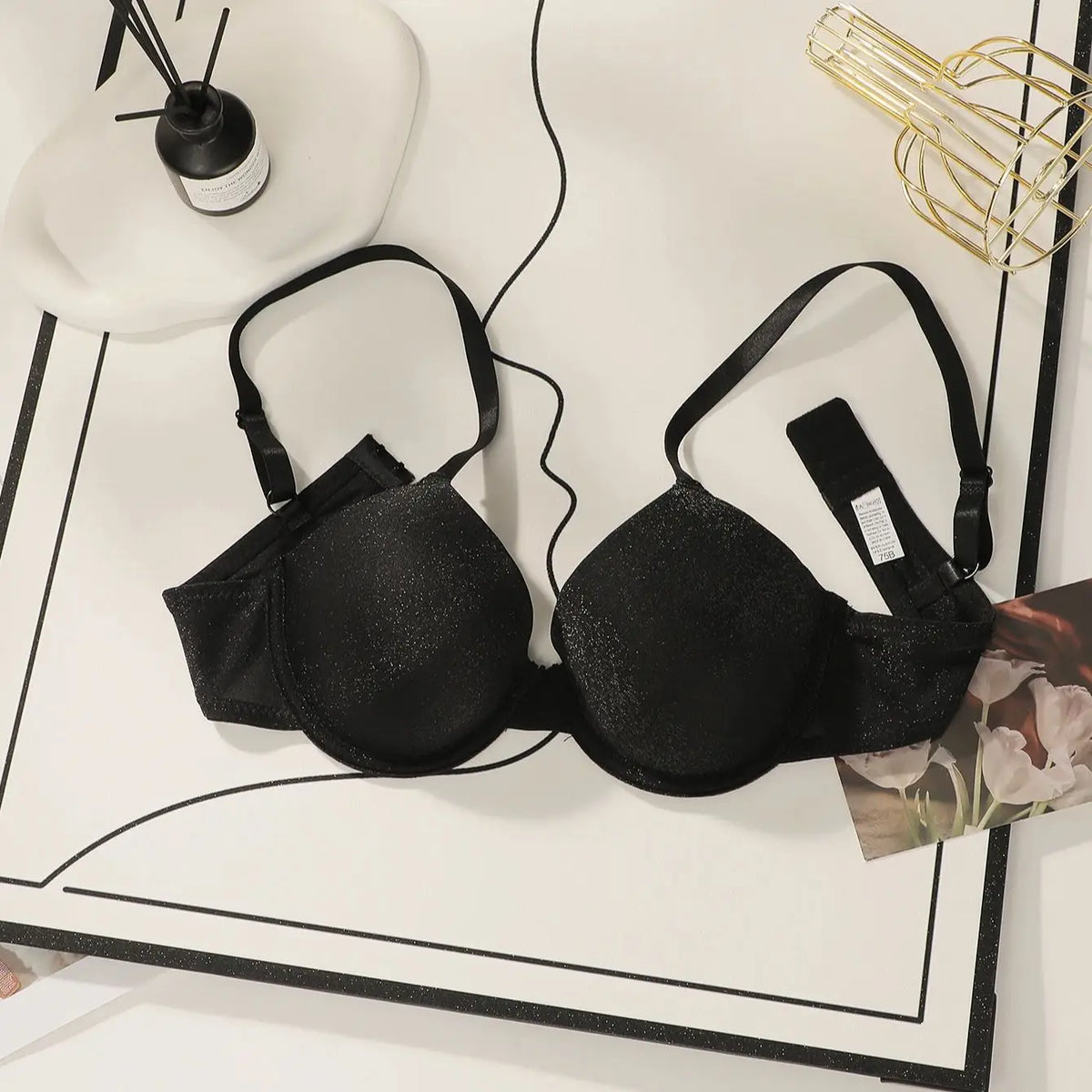 Womens Black Glitter Push Up Bra