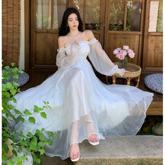 Long-Sleeve Off Shoulder Plain Frill Shirred Maxi A-Line Dress