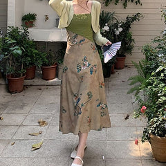 Spaghetti Strap Floral Print Panel  Midi A-Line Dress  / Crop Light Jacket / Set