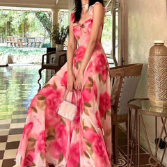 Spaghetti Strap Floral Print Maxi A-Line Dress