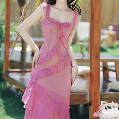 Spaghetti Strap Plain Ruffle Trim Midi Sheath Dress / Flower Hair Clip / Set
