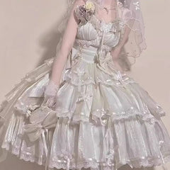 Lolita Ruffles Trim Spaghetti Strap Midi Tiered A-Line Dress / Set