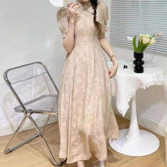 Puff-Sleeve Stand Collar Floral Print Frog Buttoned Midi A-Line Dress