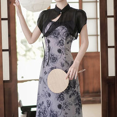 Traditional Chinese Set: Spaghetti Strap Scoop Neck Floral Print Midi A-Line Dress + Short-Sleeve Stand Collar Plain Asymmetrical Cutout Frog Buttoned Shrug