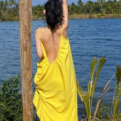 Spaghetti Strap Plain Backless Maxi A-Line Dress