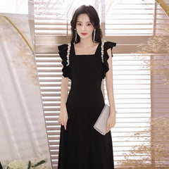 Cap-Sleeve Square Neck Plain Faux Pearl Maxi A-Line Evening Dress