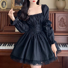Long-Sleeve Square Neck Lace-Up Mini A-Line Dress