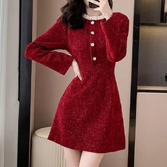 Long-Sleeve Stand Collar Glitter Button Accent Contrast Frill Trim Mini A-Line Dress