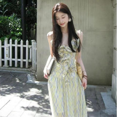 Spaghetti Strap V-Neck Patterned Ruffle Trim Midi A-Line Dress