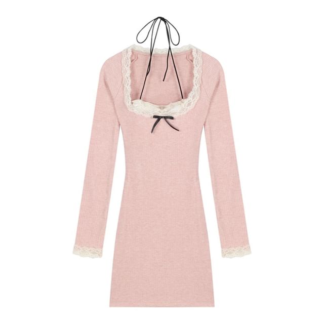 Long-Sleeve Scoop Neck Lace Trim Mini Bodycon Dress