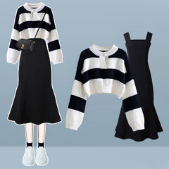 Chic Stripe Sweater Fishtail Slip Dress