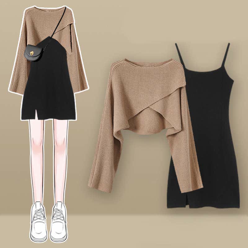 Elegant Cross Knit Sweater Lace Up Irregular Ruffled Slip Dress Set MK19596
