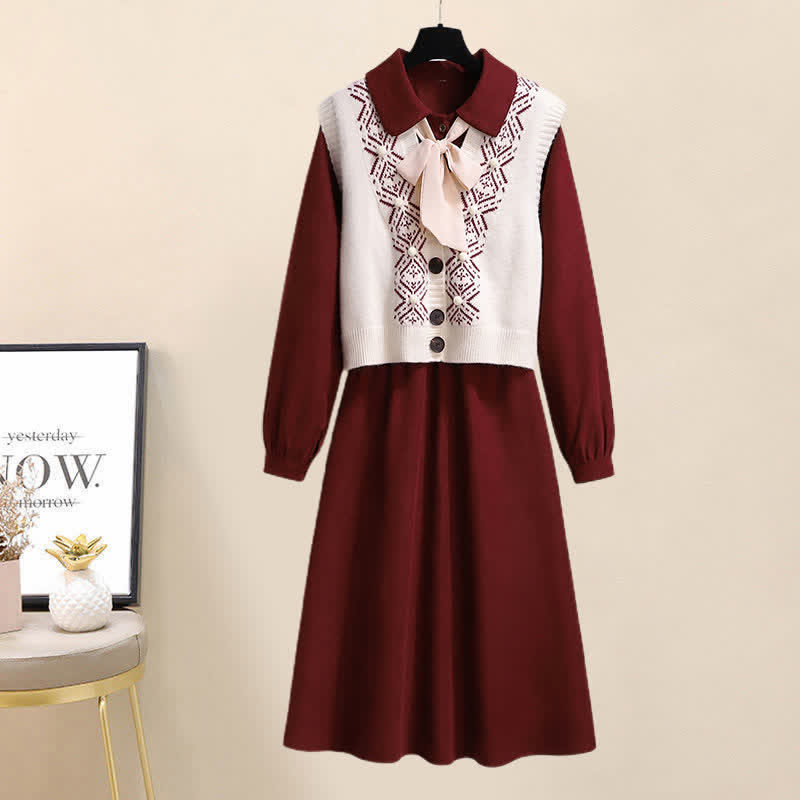 Bow Knot Red Dress Rhombus Print Vest Set