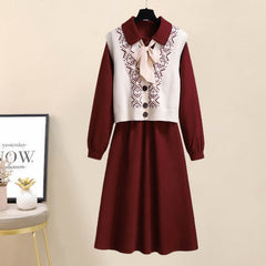 Bow Knot Red Dress Rhombus Print Vest Set