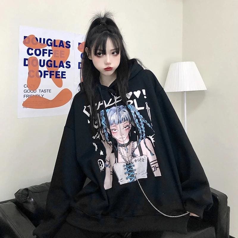 Anime Print Hooded Mid-length Sweater Dress