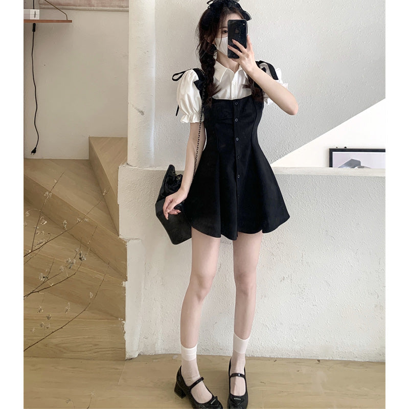 Kawaii Puff Sleeve T-Shirt Lace Up Dress Set K19898
