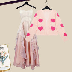 Love Heart Hollow Out Cardigan Flouncing Dress