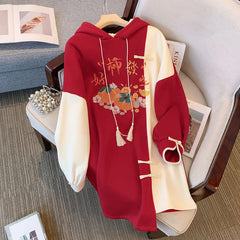 Vintage Persimmon Plush Hooded Sweatshirt Dress