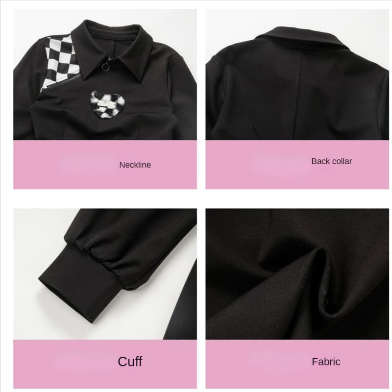 Black Gray Lovely Heart Checker Detail Dress