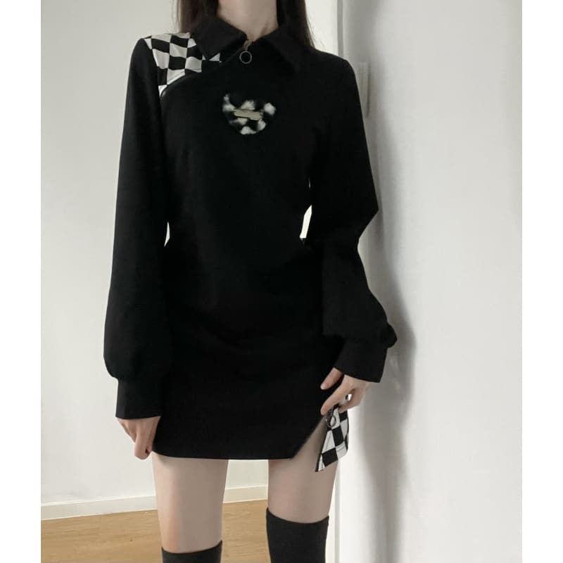 Black Gray Lovely Heart Checker Detail Dress