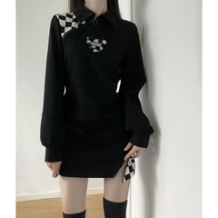 Black Gray Lovely Heart Checker Detail Dress