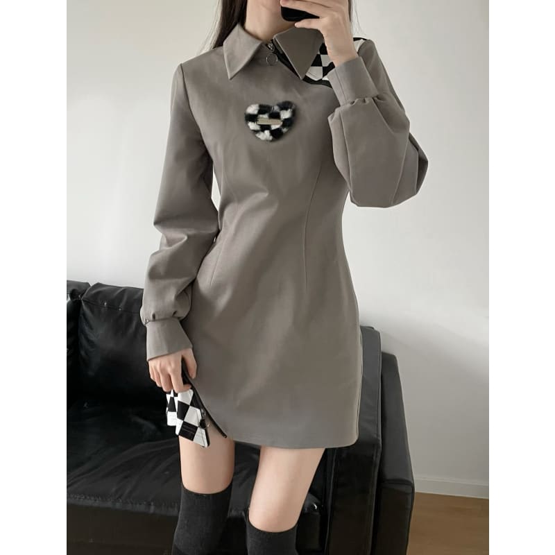 Black Gray Lovely Heart Checker Detail Dress