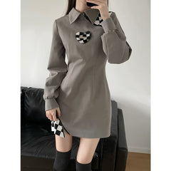 Black Gray Lovely Heart Checker Detail Dress