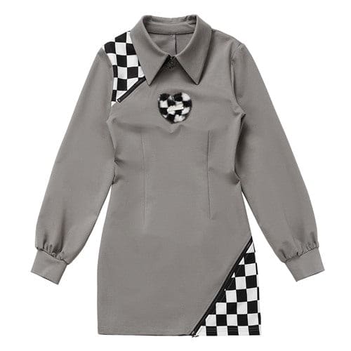 Black Gray Lovely Heart Checker Detail Dress
