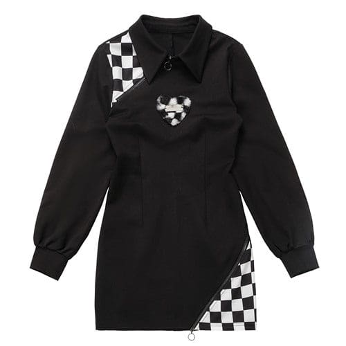 Black Gray Lovely Heart Checker Detail Dress