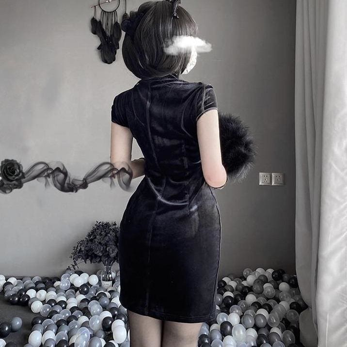Black Hollow Out Asian Cheongsam Dress EE0819