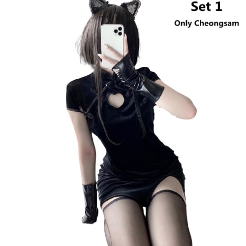 Black Hollow Out Asian Cheongsam Dress EE0819