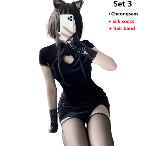 Black Hollow Out Asian Cheongsam Dress EE0819
