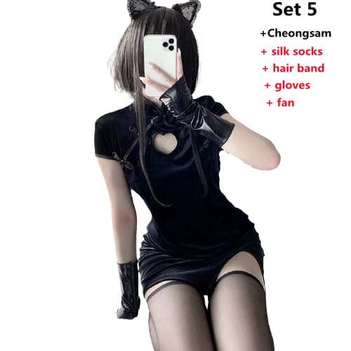 Black Hollow Out Asian Cheongsam Dress EE0819