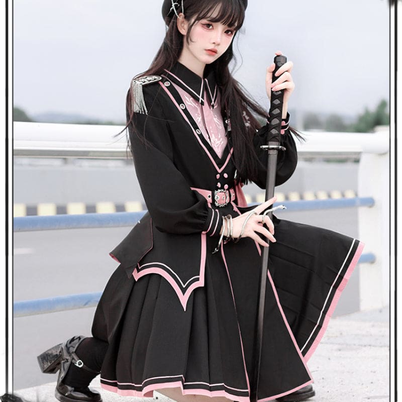 Black Pink Military Lolita Cape and Dress