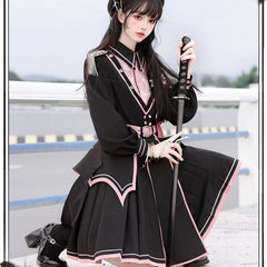 Black Pink Military Lolita Cape and Dress