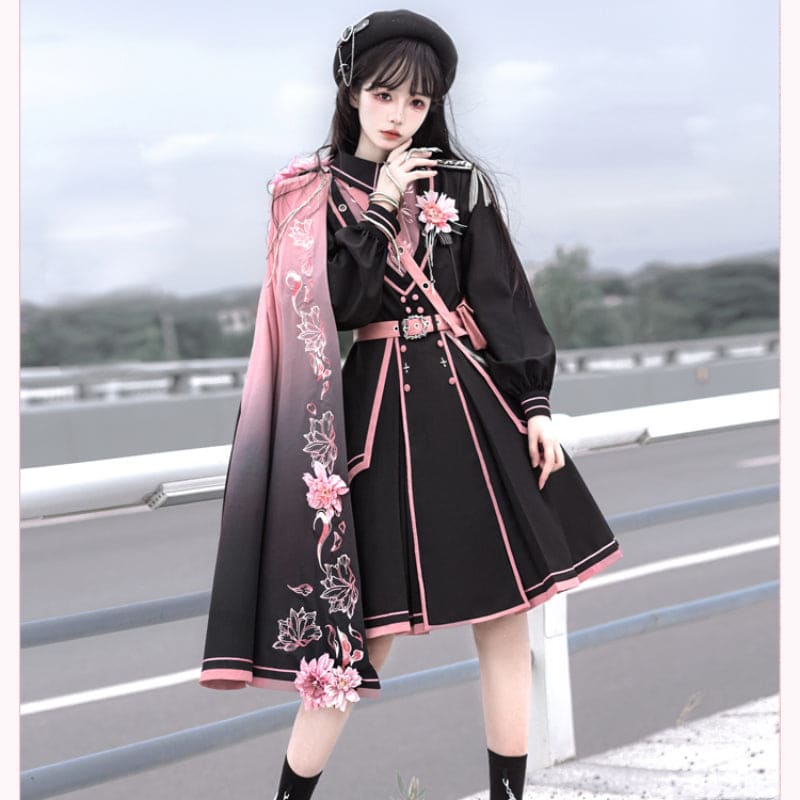 Black Pink Military Lolita Cape and Dress