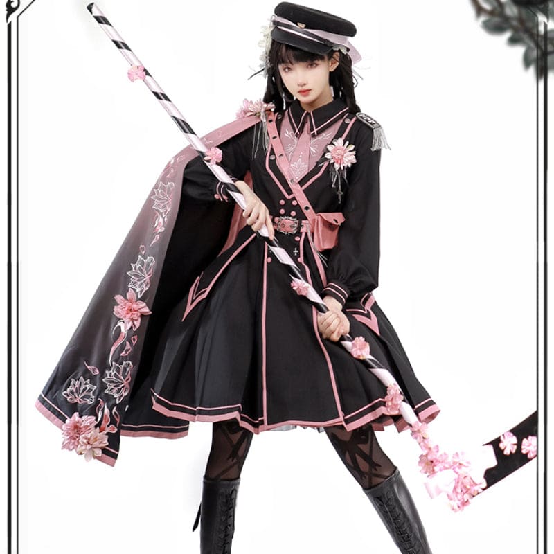 Black Pink Military Lolita Cape and Dress