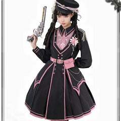 Black Pink Military Lolita Cape and Dress