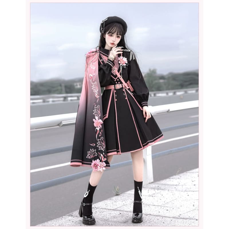 Black Pink Military Lolita Cape and Dress