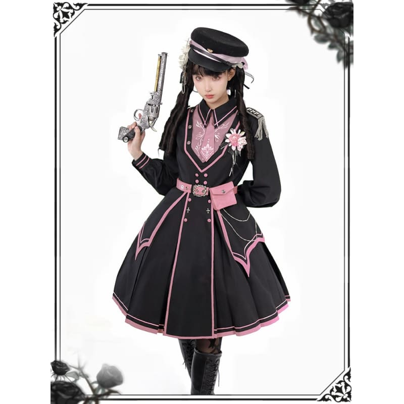 Black Pink Military Lolita Cape and Dress
