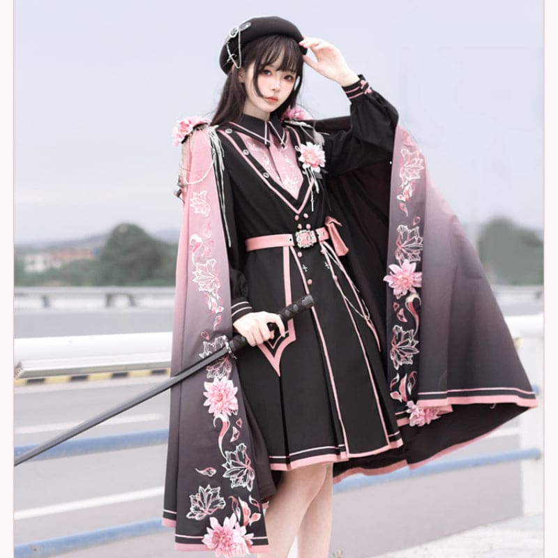 Black Pink Military Lolita Cape and Dress